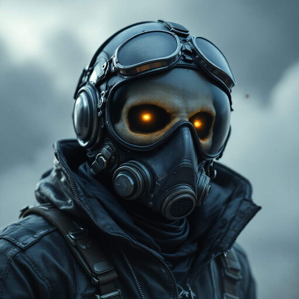 Ghostly Fighter Pilot in Stormy Sky