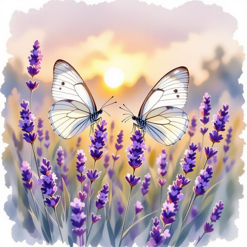 Butterflies in Lavender Meadow: Impressionistic Watercolor