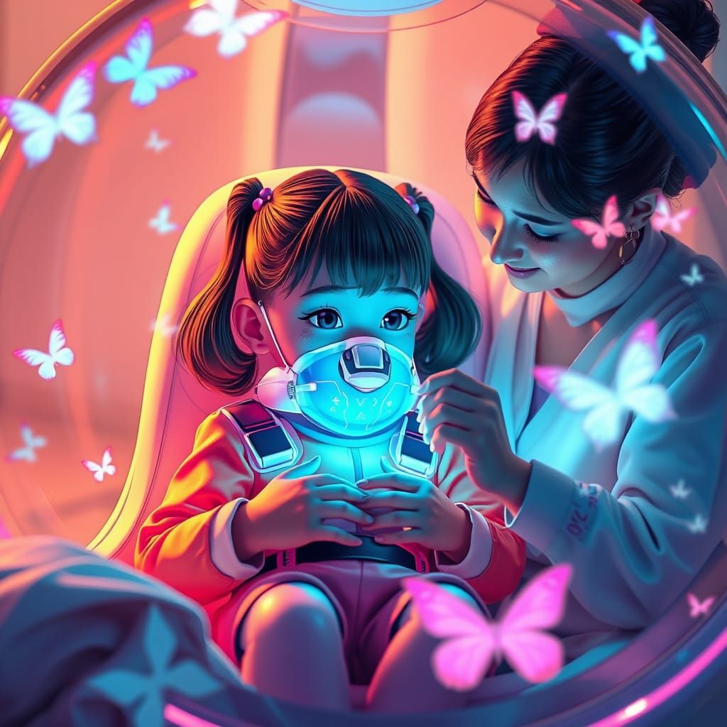 Girl in Futuristic Bubble Chair with Holographic Butterflies...