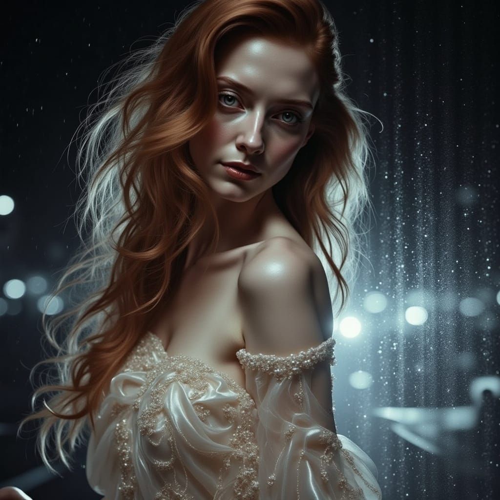 Elegant Woman in Rainy Night, Silk Gown, Soft City Lights