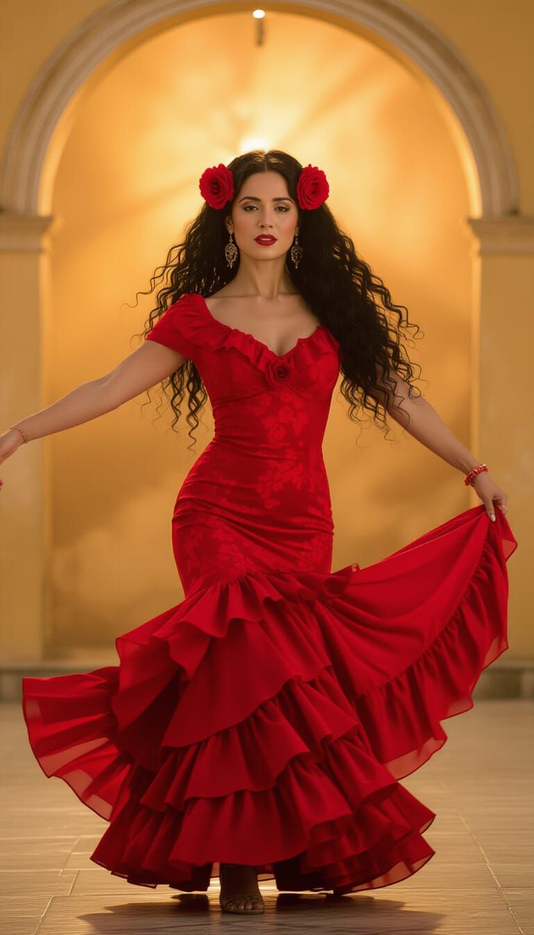 Flamenco Dancer in Red Dress with Roses