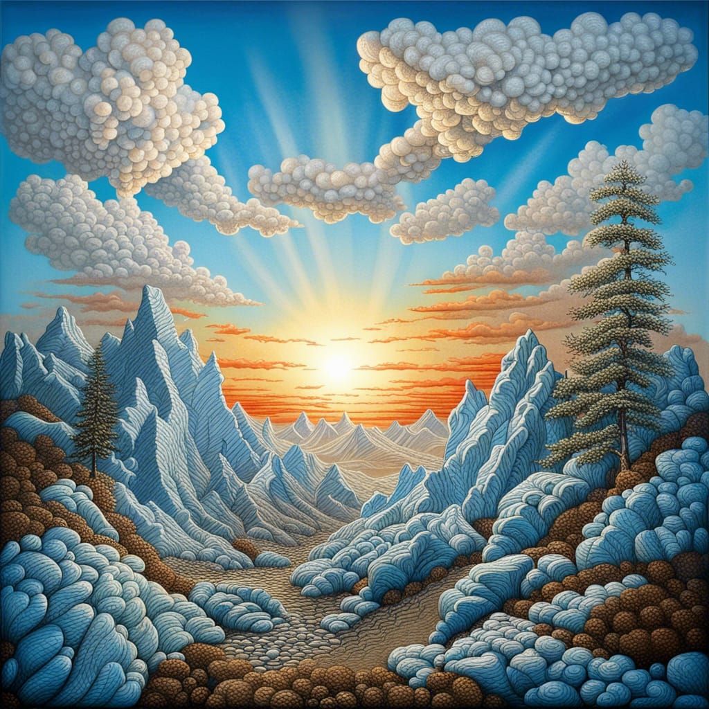 Embossed Rocky Mountain Landscape with Sunset Clouds