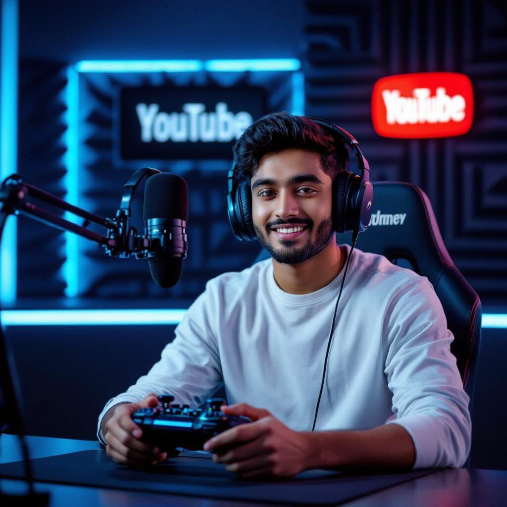 Indian Content Creator in YouTube Studio with Gaming Wheel