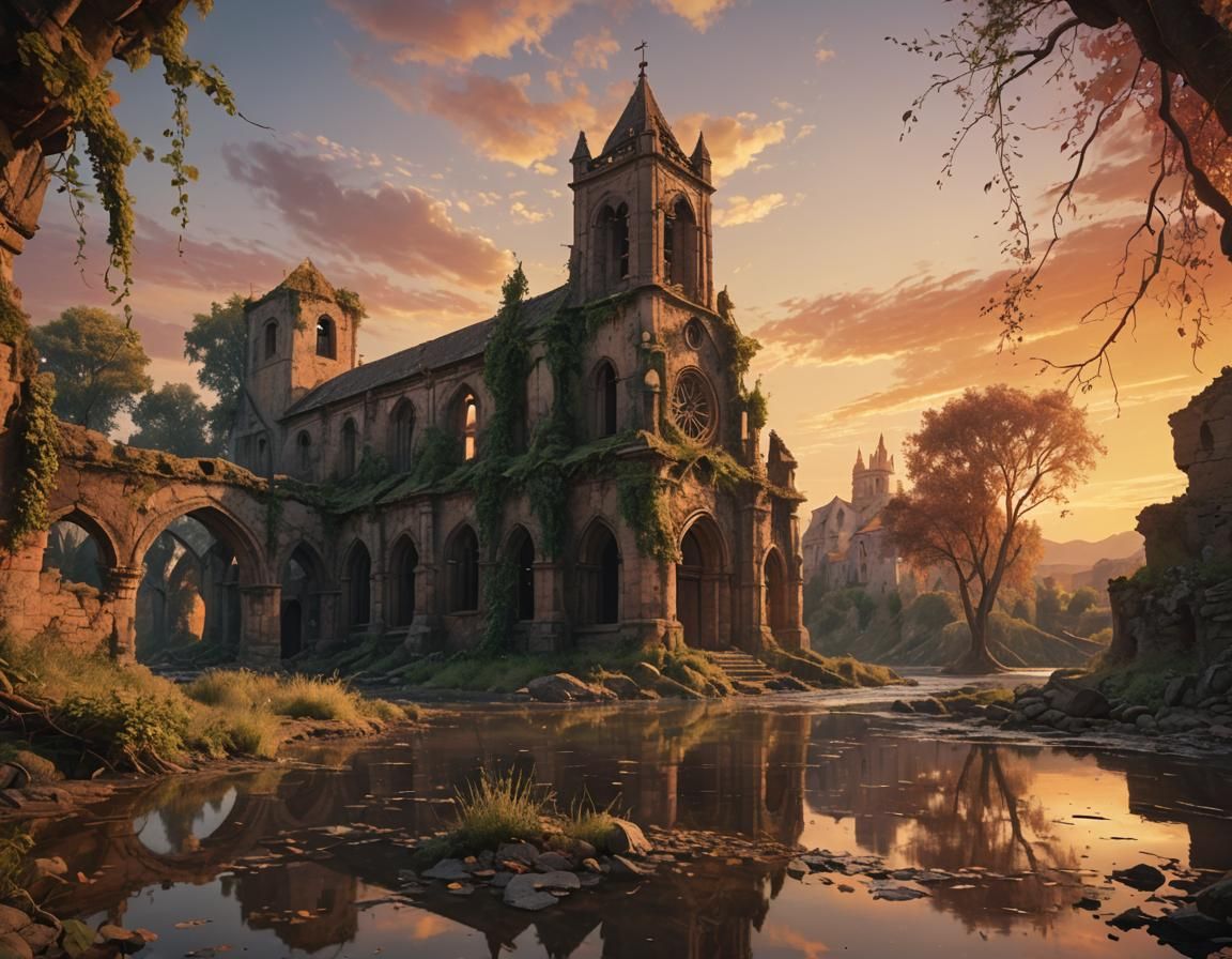 Ruined Church by River at Sunset in Oil Painting Style