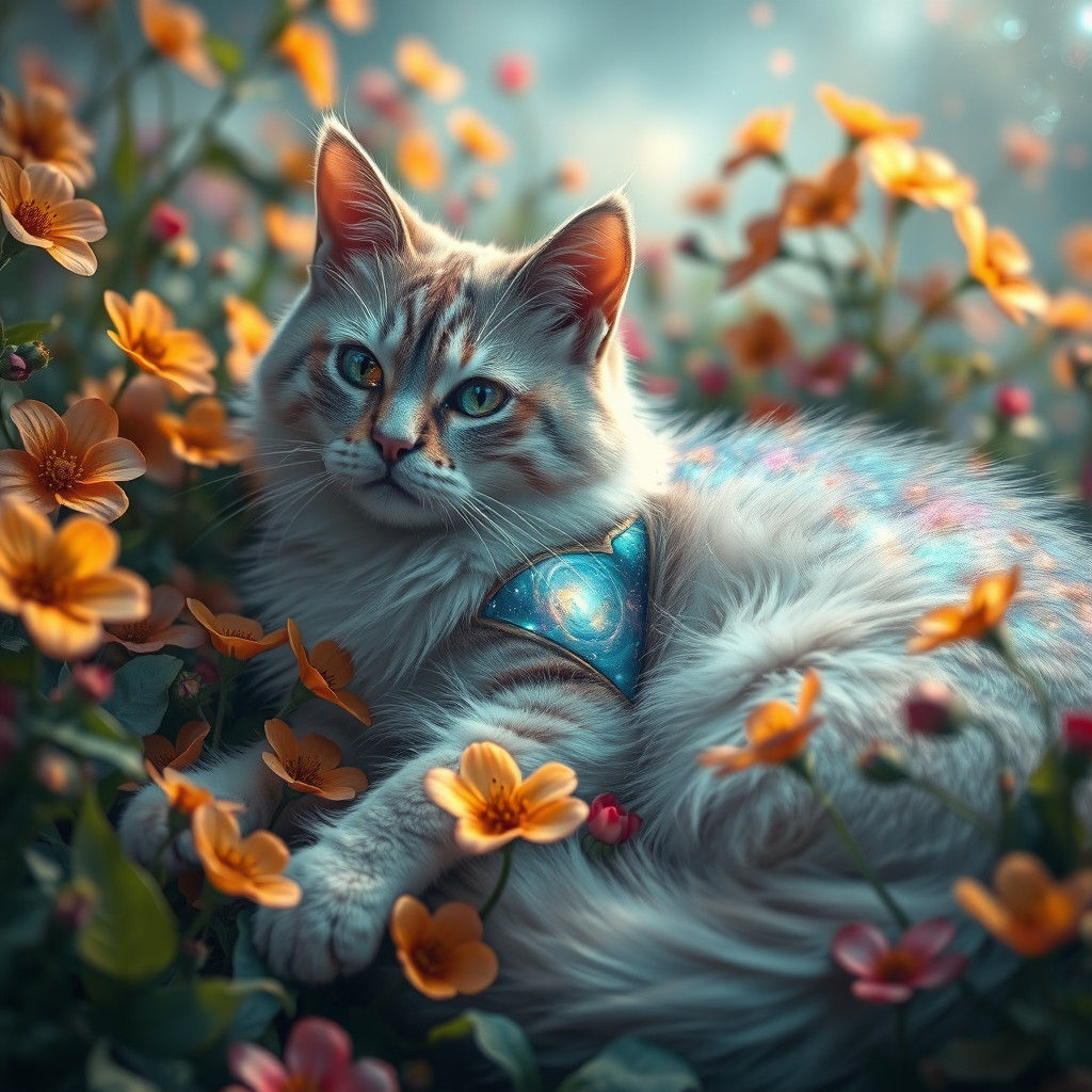 Cosmic Cat in Floral Garden, Fantasy Concept Art