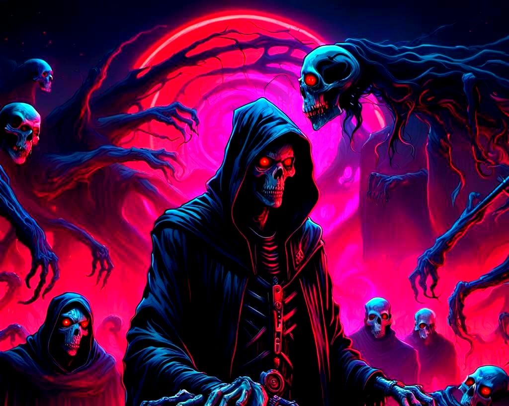 Dark Biomechanical Grim Reaper in Neon Cyberpunk Style