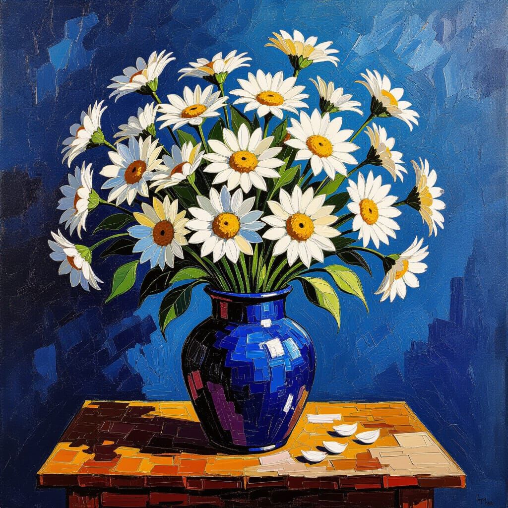 Impasto Oil Painting of Daisies in Lapis Vase