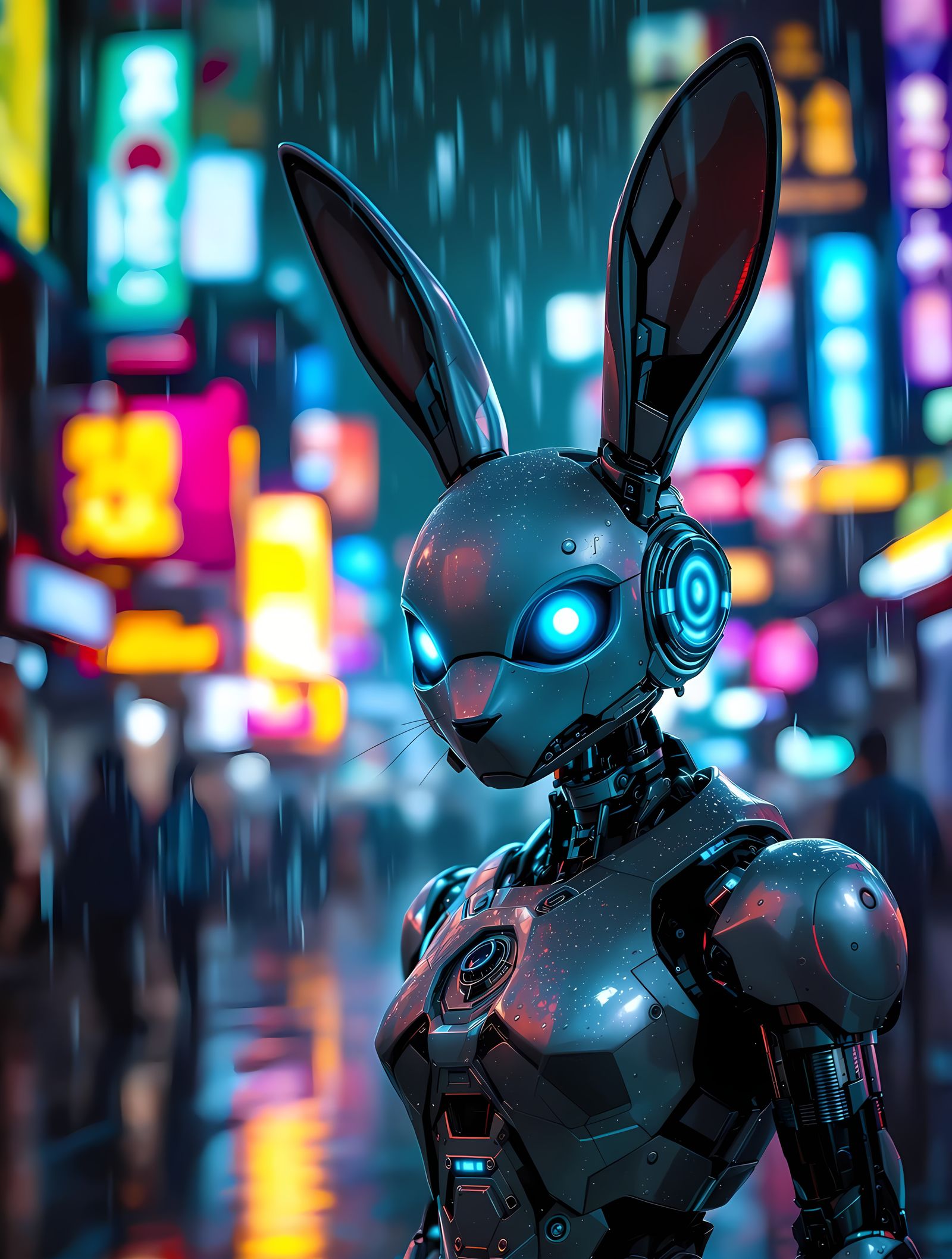 Robotic Rabbit in Cyberpunk Urban Landscape