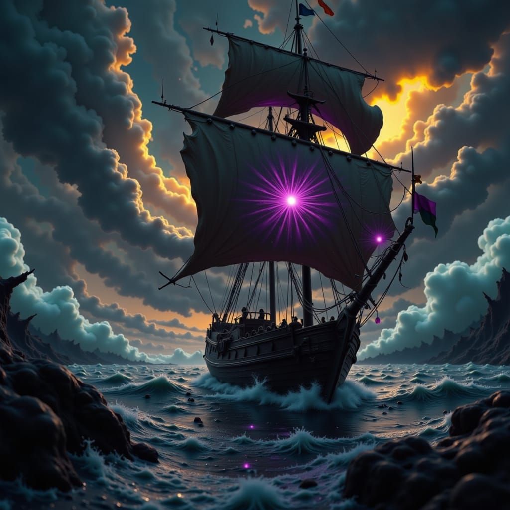 Dark Fantasy Sailing Vessel in a Dramatic Landscape
