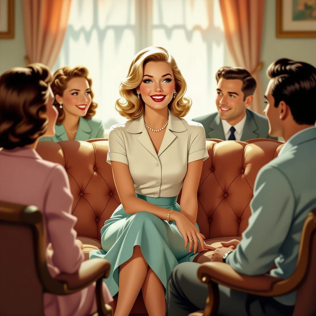 1950s Woman Conversing on Sofa in Mid-Century Style