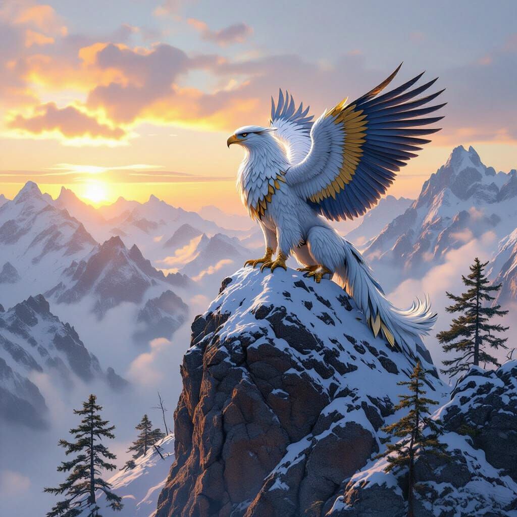 Griffin on Snowy Peak at Sunrise in Hyperrealistic Style