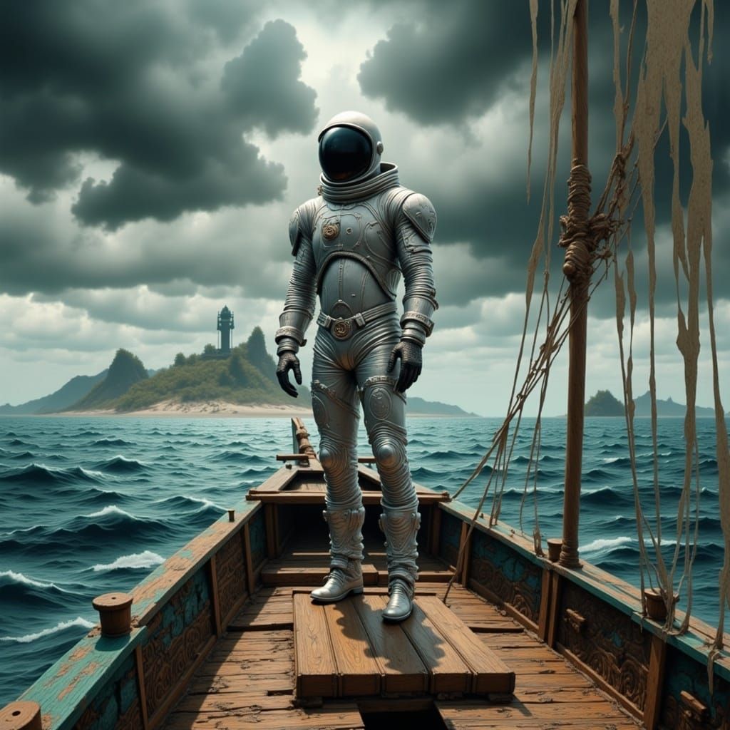 Astronaut on Sailing Boat in Eerie, Mystical Ocean