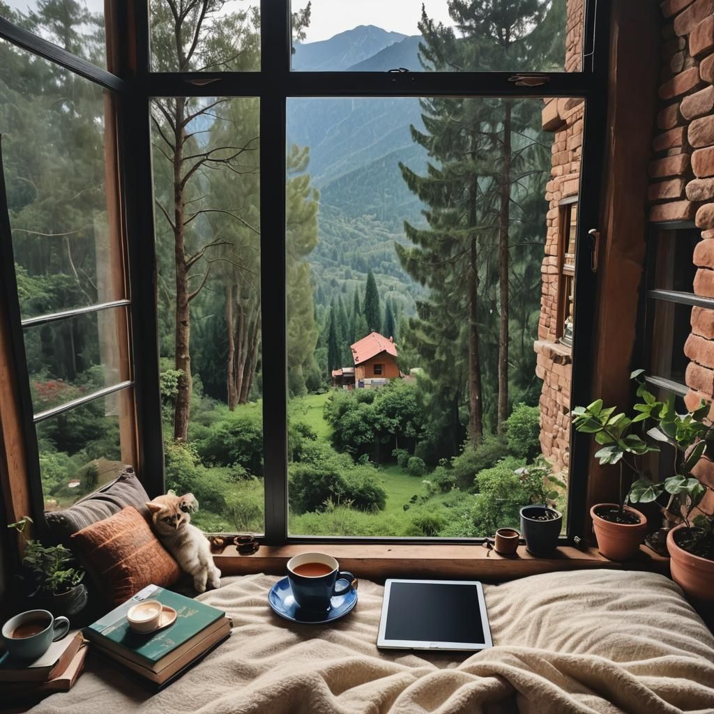 Cozy Anime Room with Snowy Mountain View