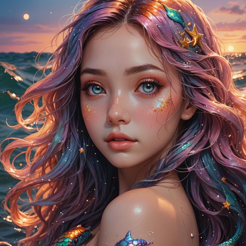 Beautiful Mermaid with Starry Eyes in Aquatic Sunset