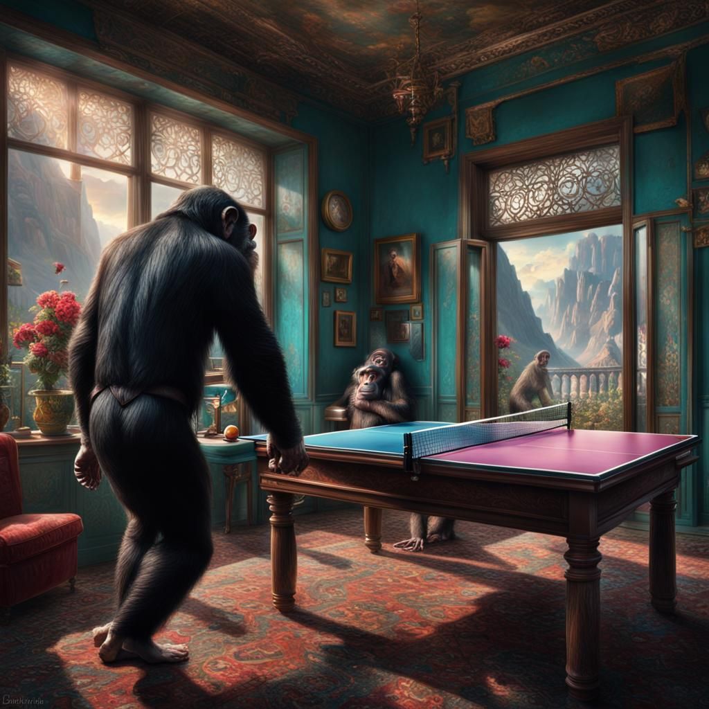Chimpanzees Play Ping Pong: A Digital Painting