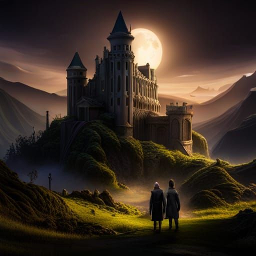 Enchanted Castle with Sad Figures: Realistic Photography