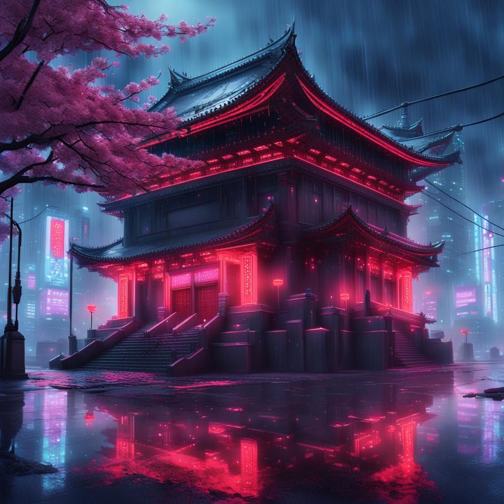 Dystopian Cyberpunk Temple in Rainy City with Cherry Blossom...