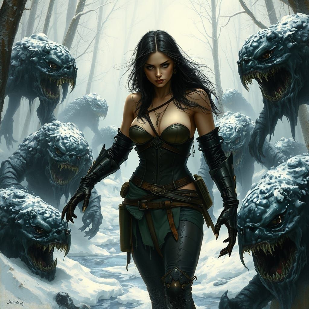 Armored Woman in Ooze Forest: Dark Fantasy Art