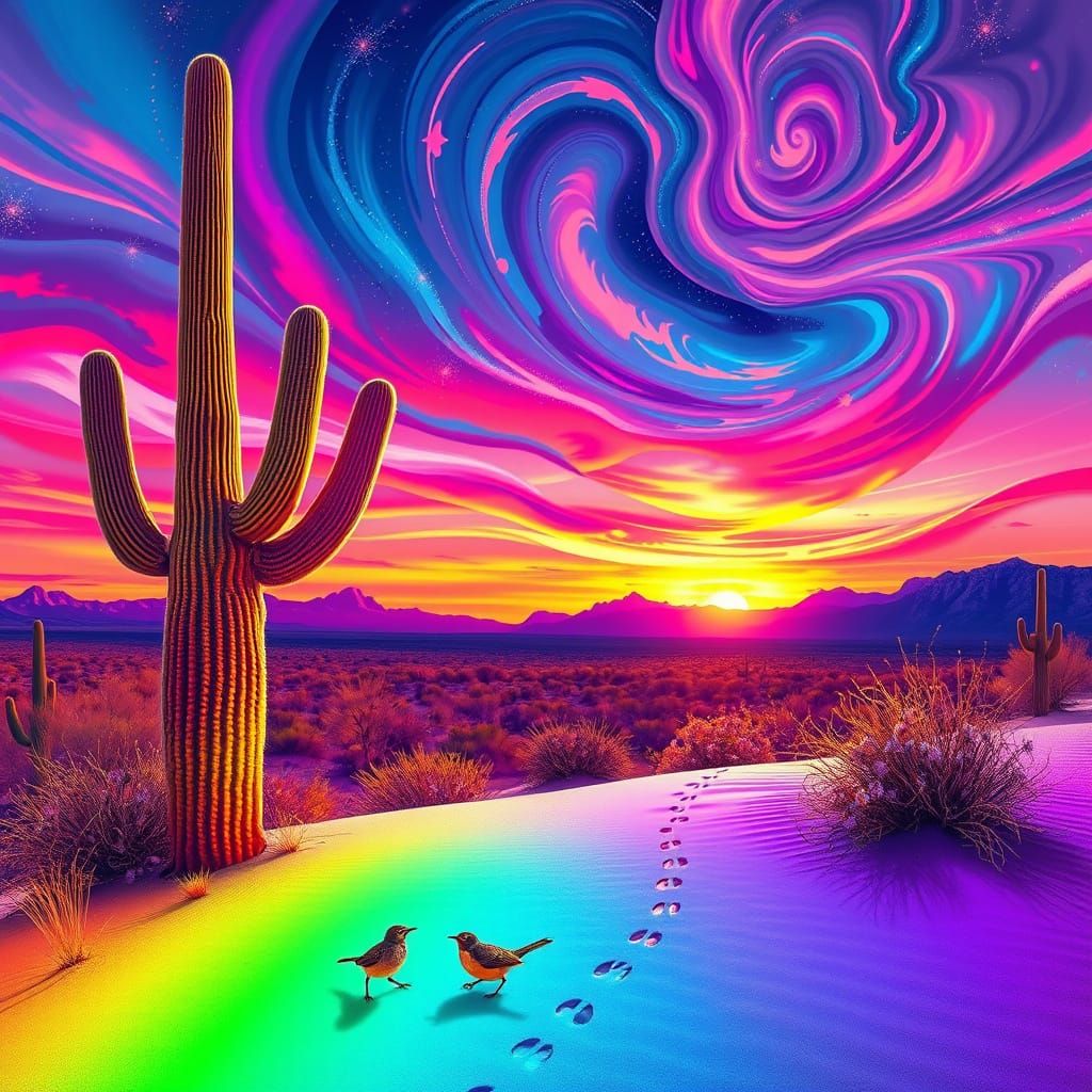 Surreal Arizona Desert Sunset with Saguaros and Road Runners...