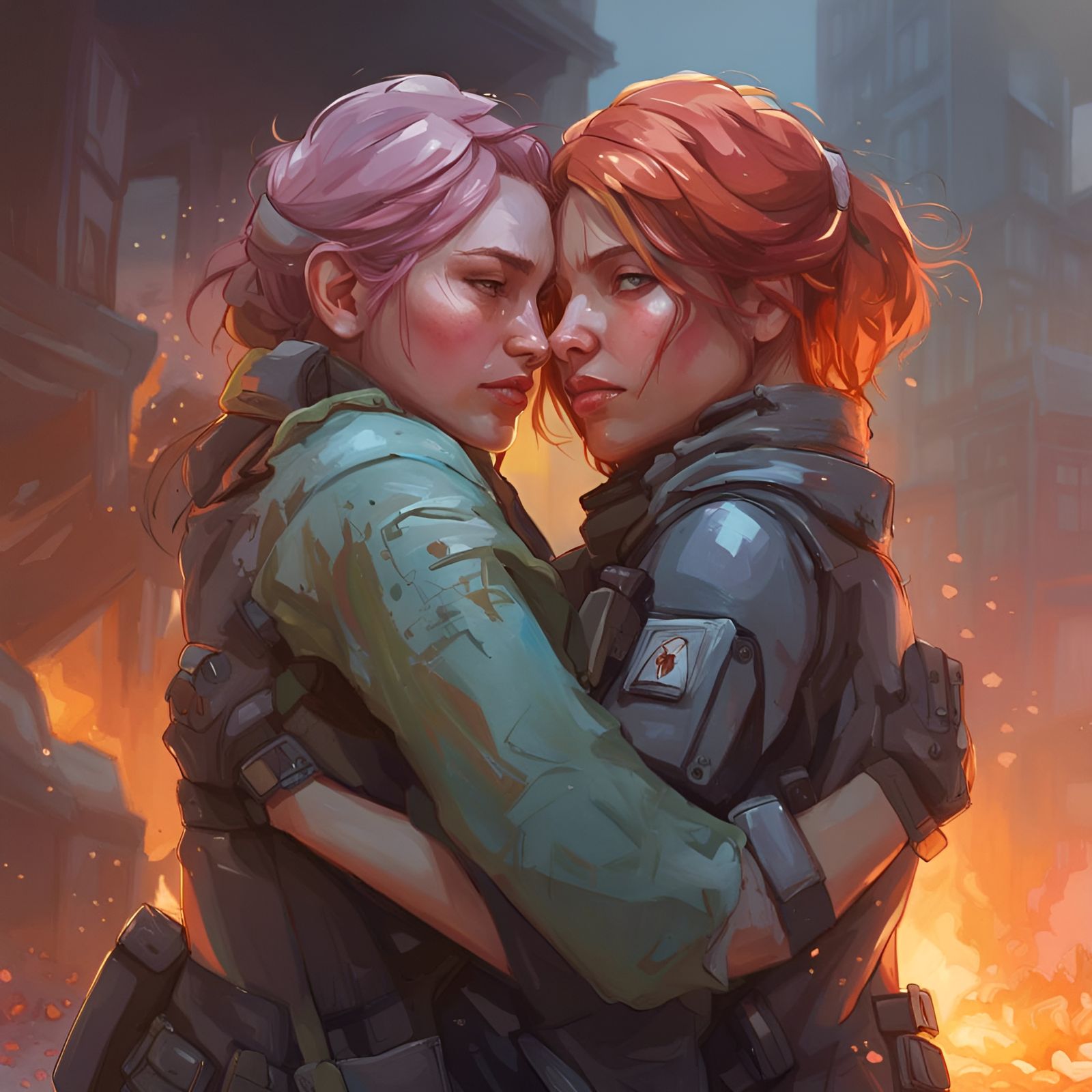 Girls Embrace in War Zone: Hyperdetailed Portrait