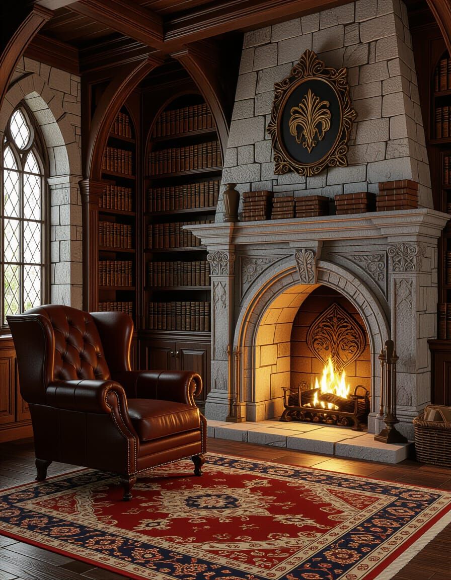 Fantastical Library Corner with Fireplace