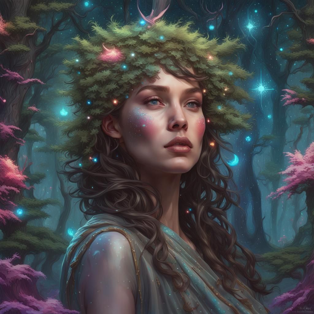 Enchanted Sci-Fi Forest with Magic and Stars