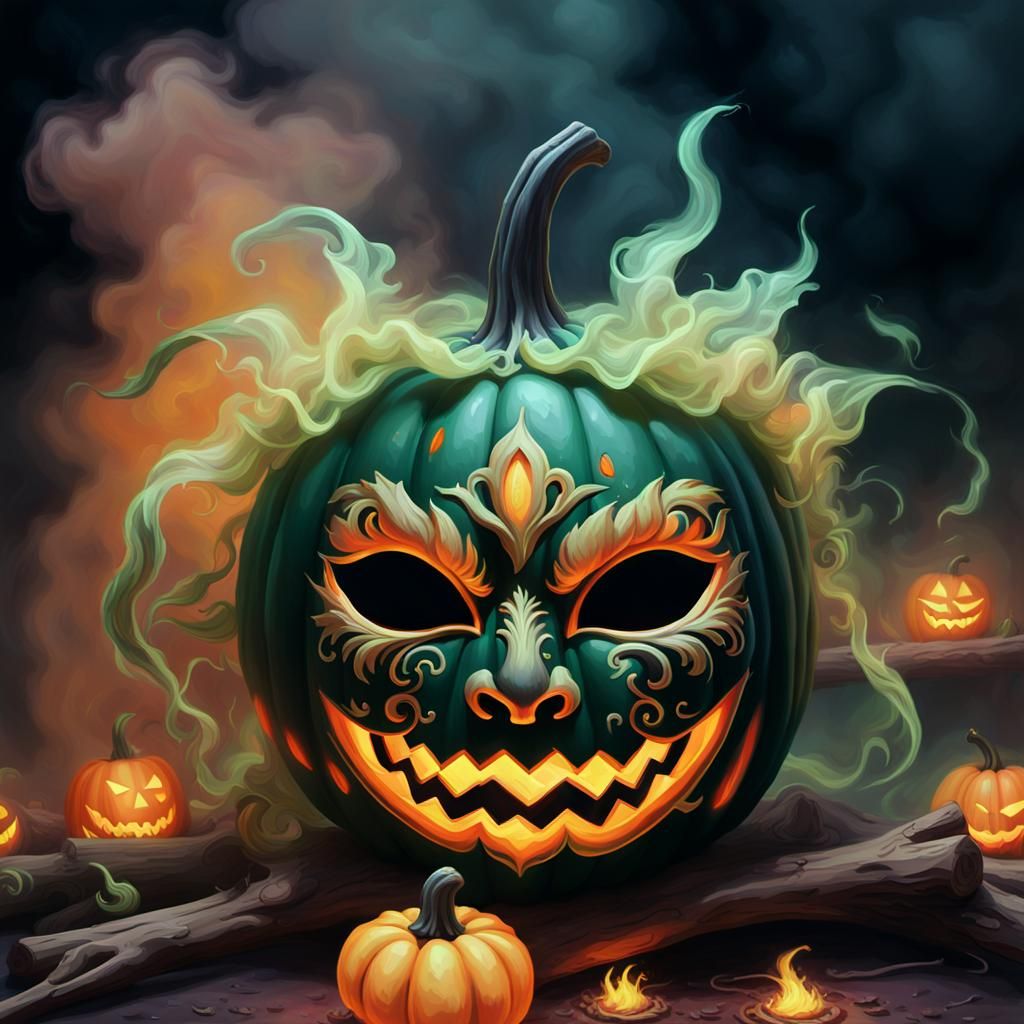 Neon Pumpkin Queen's Eerie Barn Dance, Digital Art