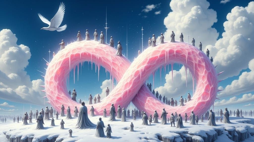 Surreal Infinity Sign in Snowy Landscape, Anime Girls Standi...