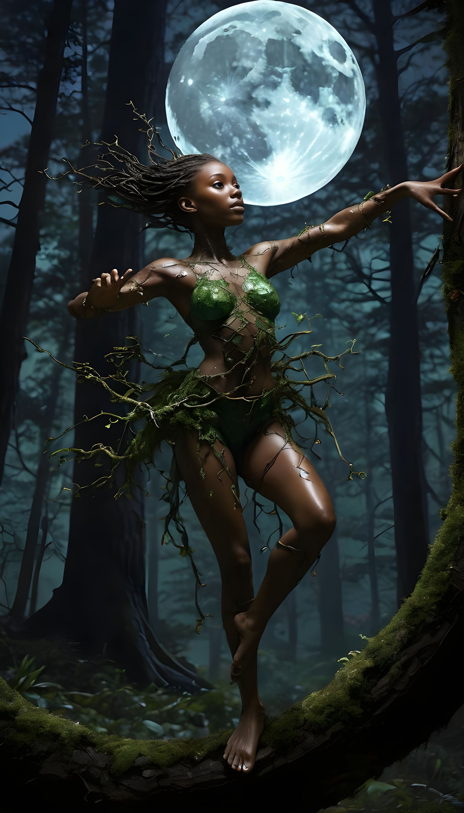 Bioluminescent Tree Girl Dancing in Forest