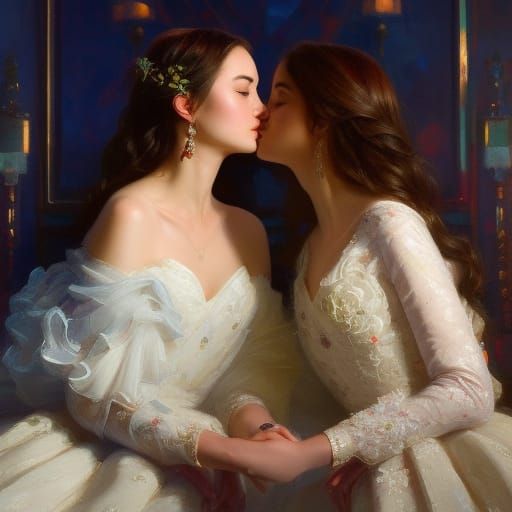 Two Girls Kissing with Engagement Ring