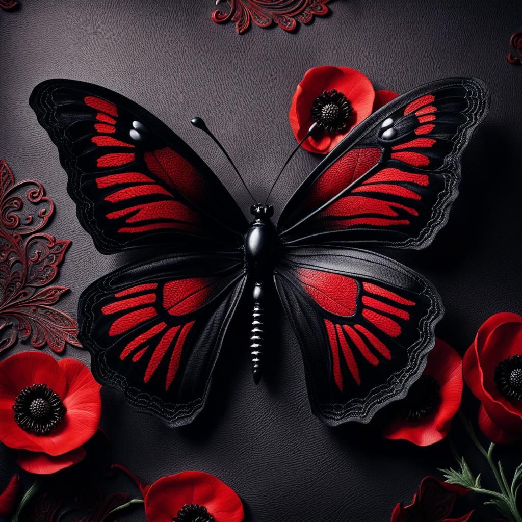 Leather Poppy with Butterfly: Dark Fantasy Illustration