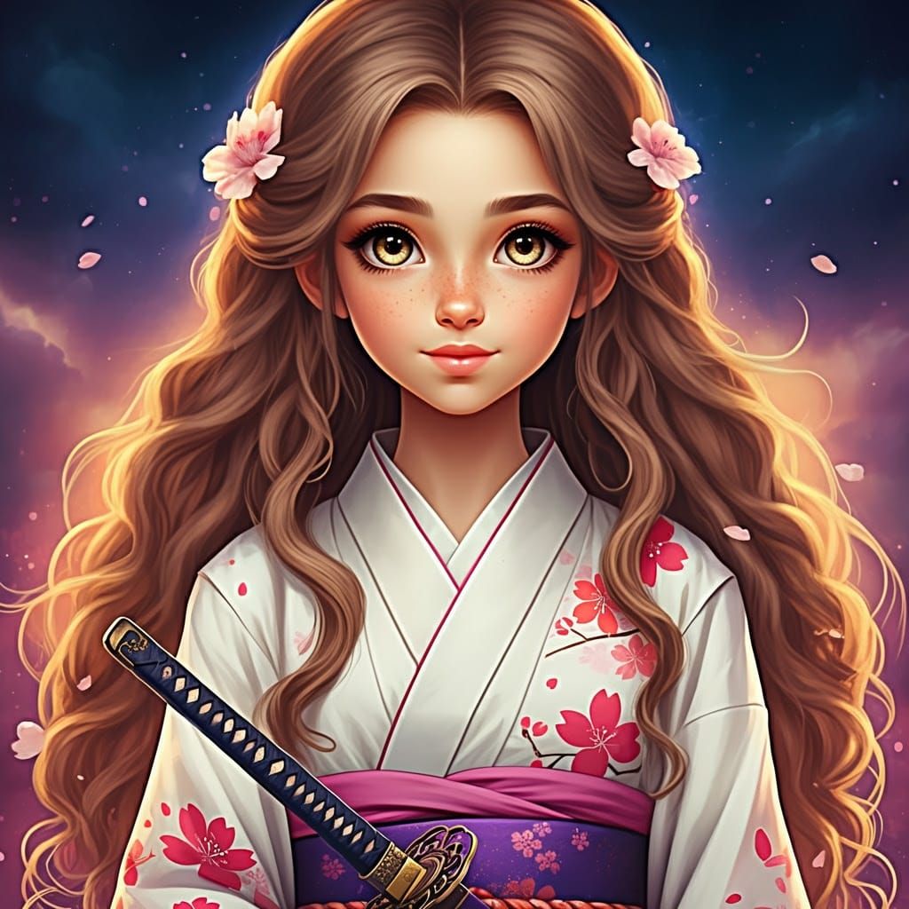 Girl in Cherry Blossom Kimono with Katana, Fantasy Backdrop