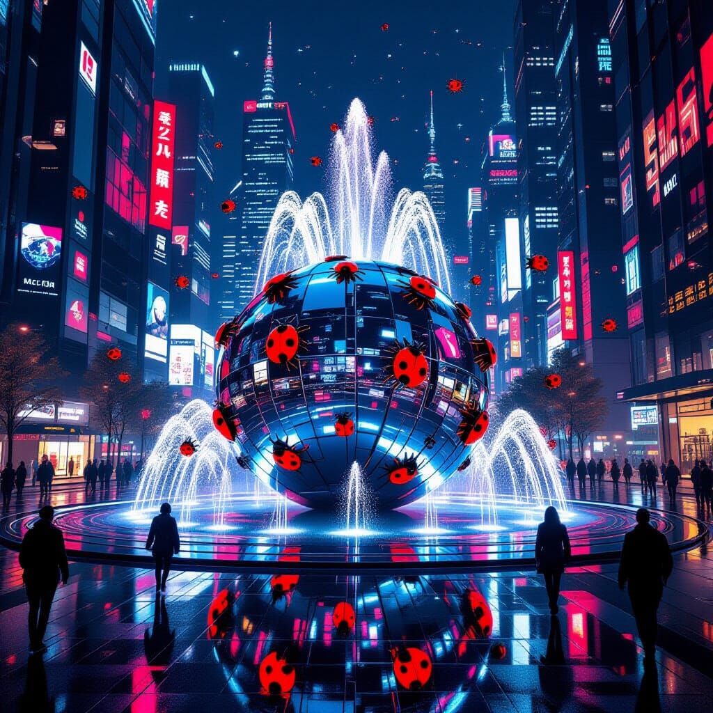 Futuristic City Fountain Sprays Red Ladybugs