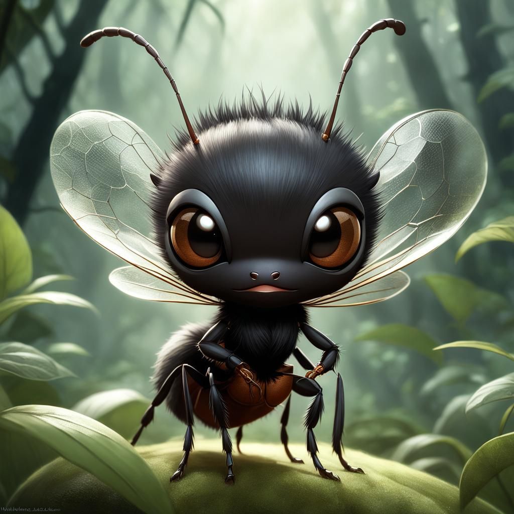 Whimsical Chibi Ant in Misty Jungle Style