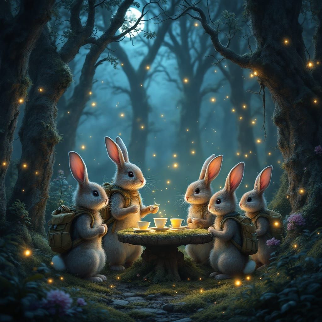 Whimsical Rabbits in Enchanted Forest with Moonlight