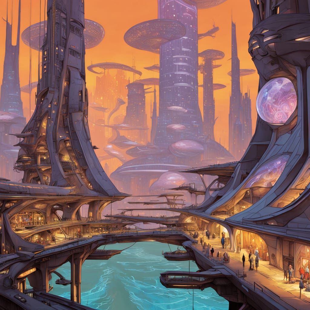 Futuristic City on Colossal Beast, Moebius & Mead Inspired