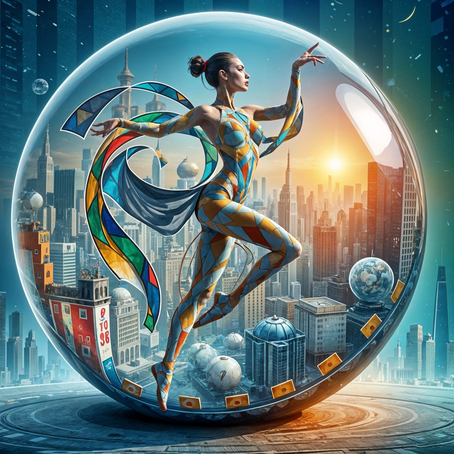 Inside a glass orb dances a Domesticpunk, cubist-inspired fe...