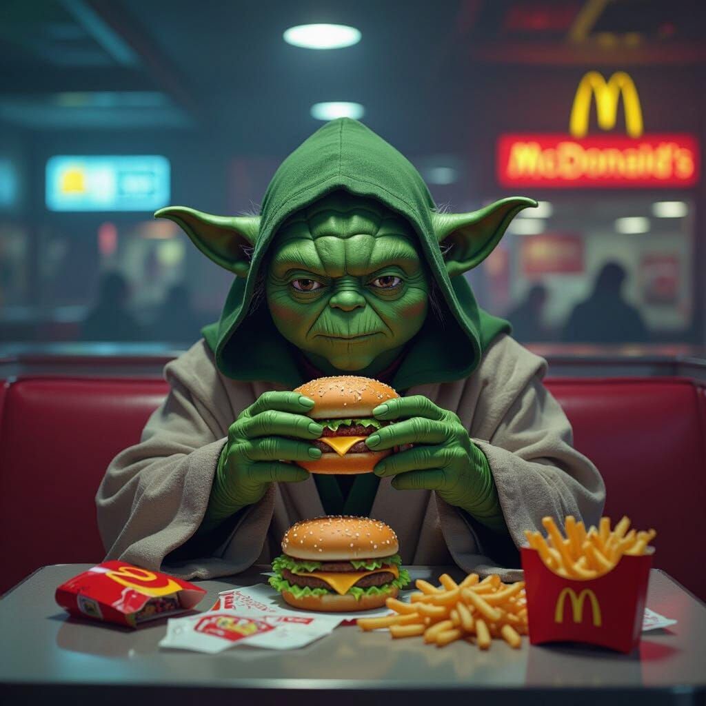 Yoda's Fast Food Mishap in Retro-Futuristic Style
