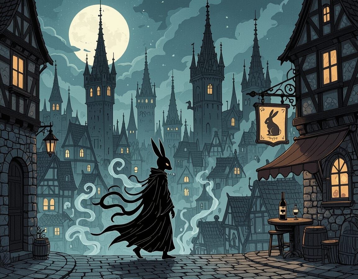 Gothic Cityscape with Spectral Kitsune at Midnight Tavern