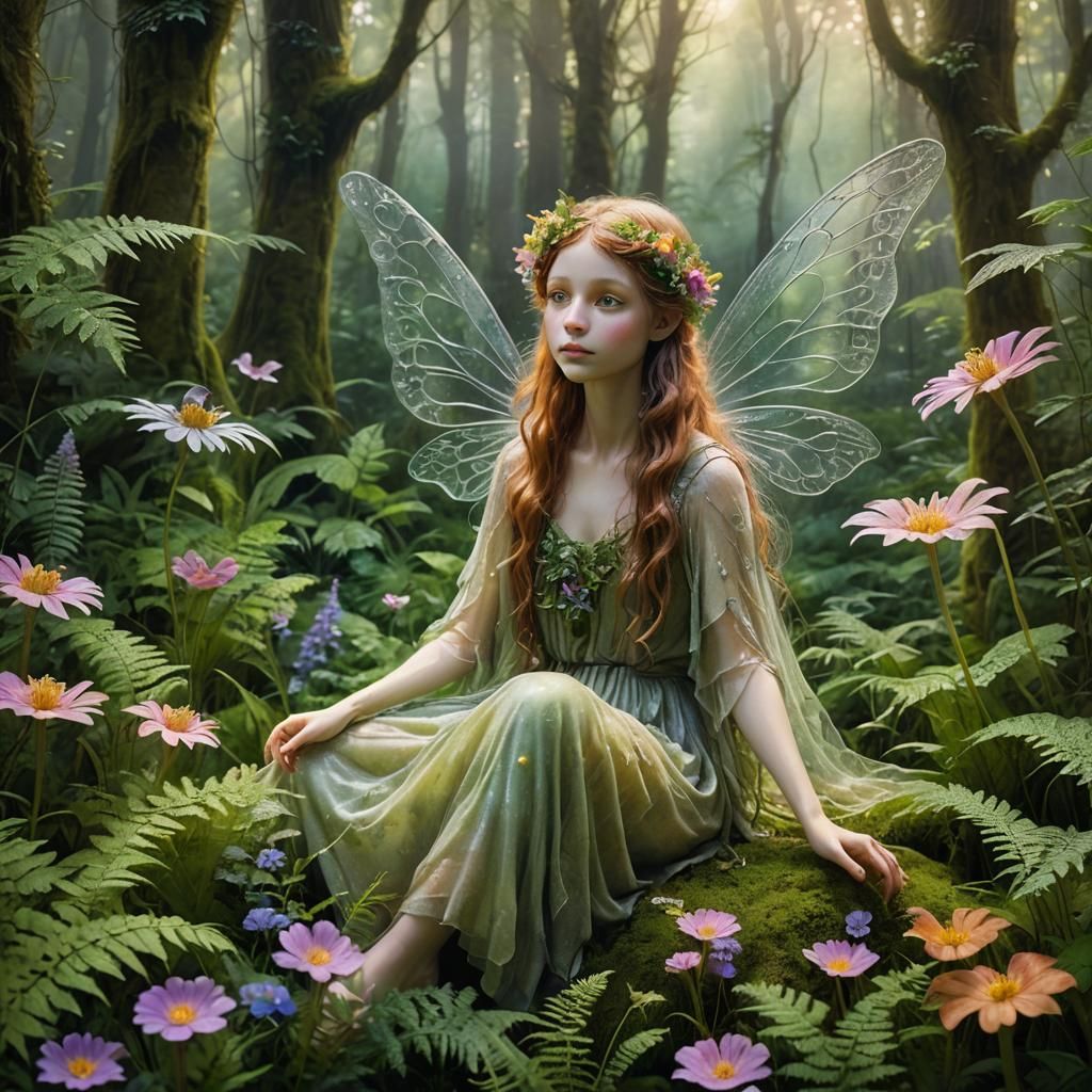Delicate Fairy in Forest Glade, Watercolor Style