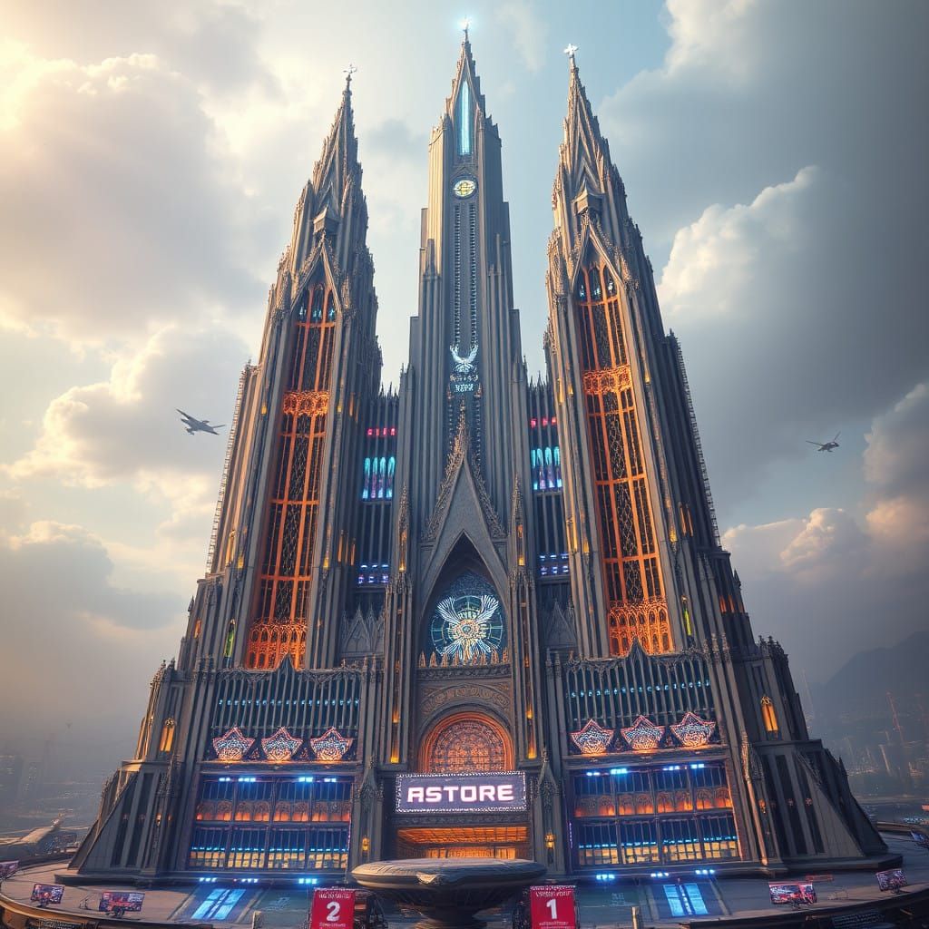 Futuristic Cathedral Skyscraper Blends Gothic and Cyberpunk....