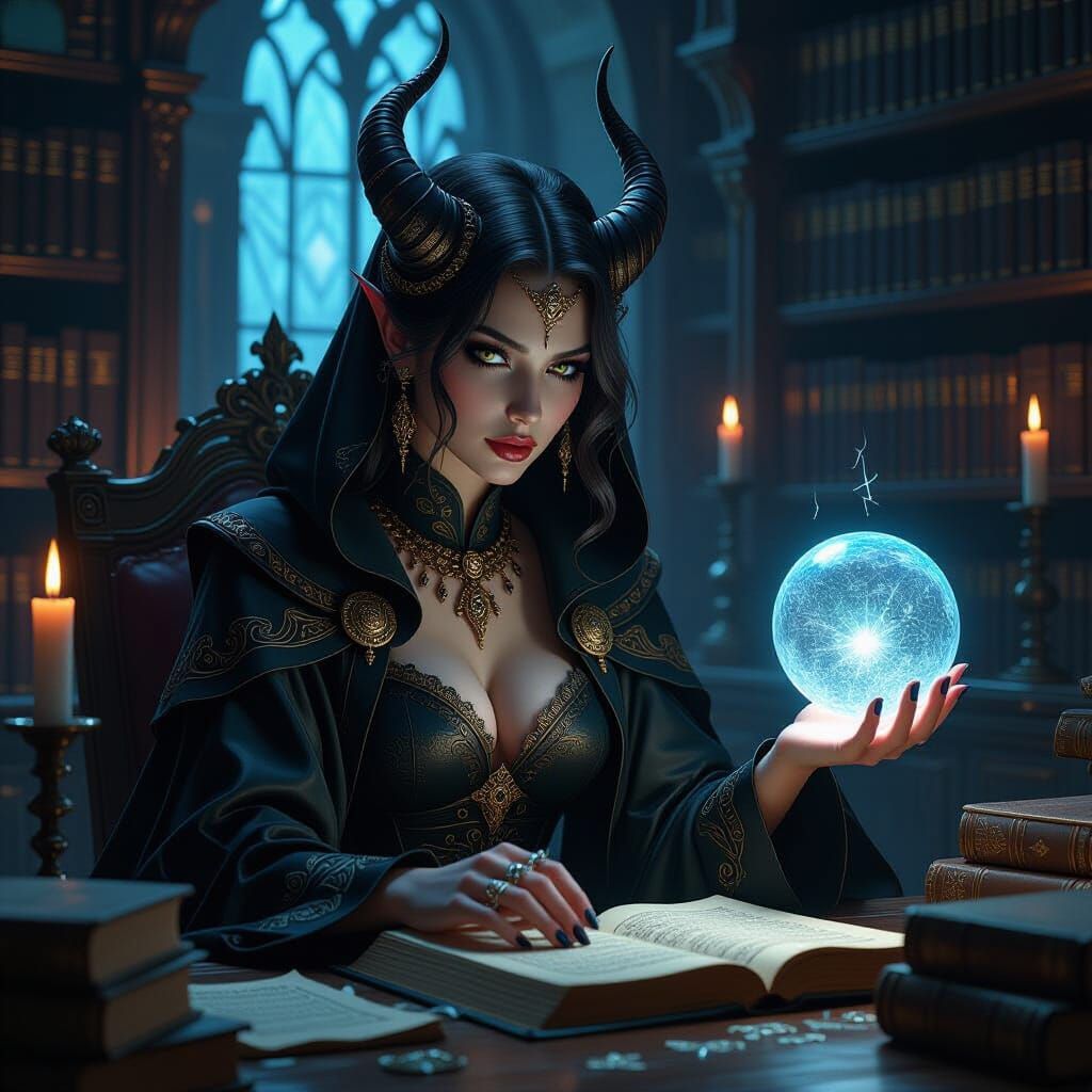 Mysterious Demon in Library, Hyperrealistic Concept Art