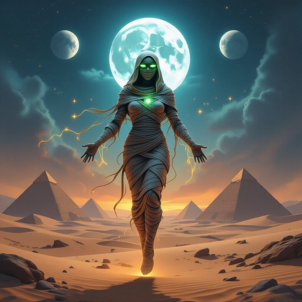 Ethereal Mummy Floats Over Alien Desert