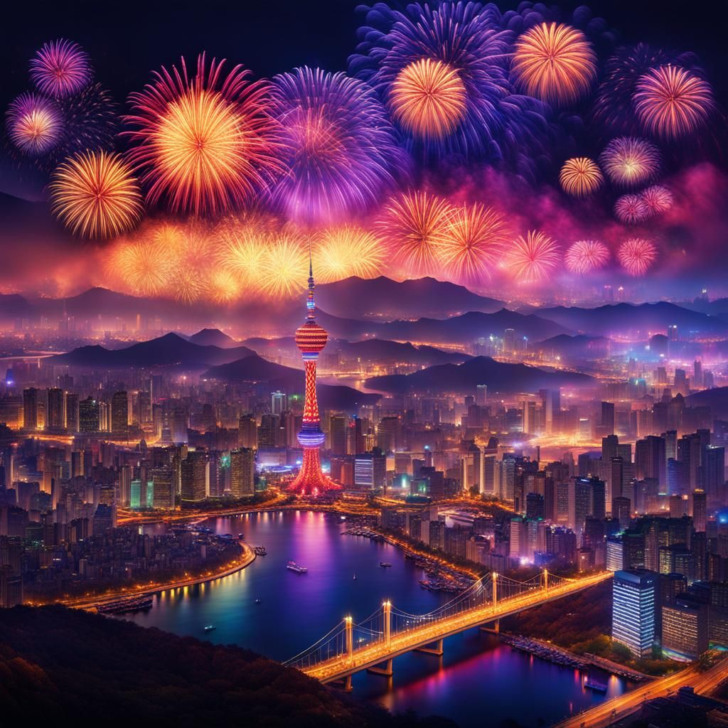Seoul New Year's Fireworks: Fantastical Matte Painting