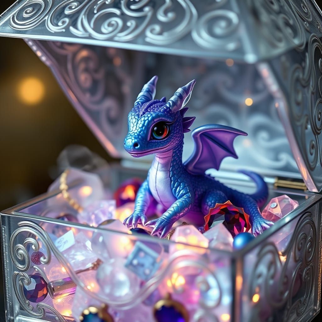 Enchanted Baby Dragon Amidst Glass Jewels in a Whimsical Box