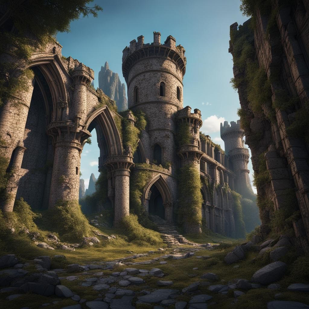 Medieval Castle Ruins in Detailed Matte Painting