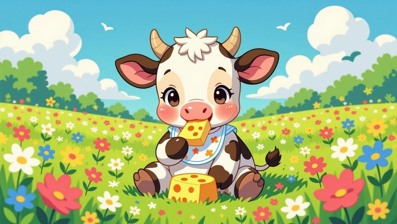 Whimsical Kawaii Cow Enjoying a Bite of Cheese in a Vibrant ...