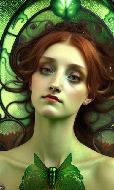 Green Fairy Portrait in Art Nouveau Style
