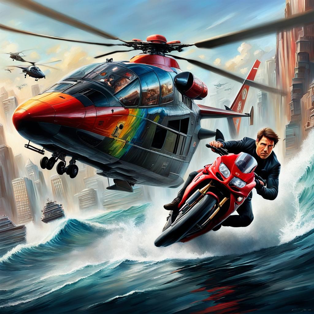 An artwork depicting a thrilling scene of the movie "Mission Impossible" featuring Tom Cruise.