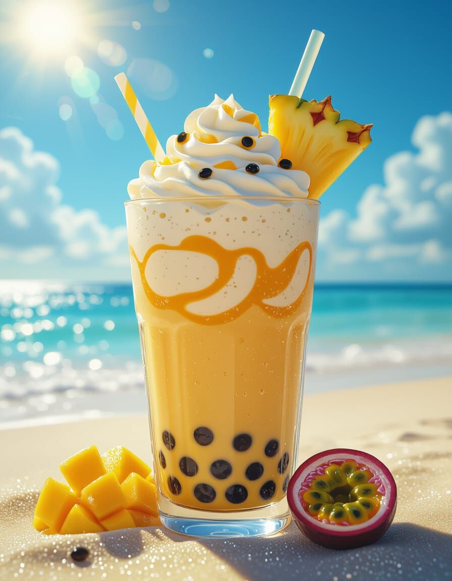 Tropical Bubble Tea on Sunny Beach in Hyperrealism